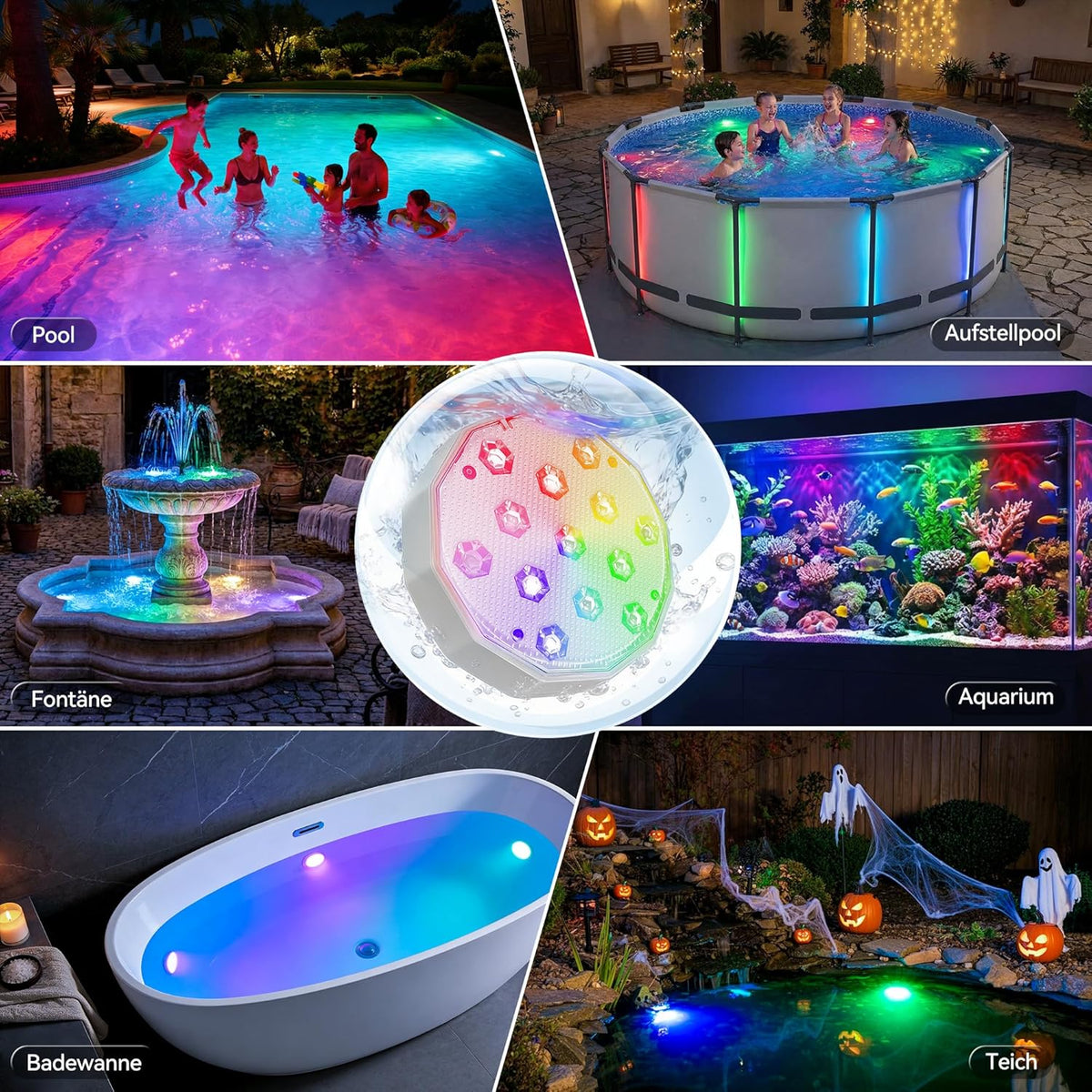 Ollny LED-Poolleuchten für Pool, Teich, Whirlpool, Springbrunnen, Aquarium (wiederaufladbar, 16 Farben, IP67 wasserdicht)
