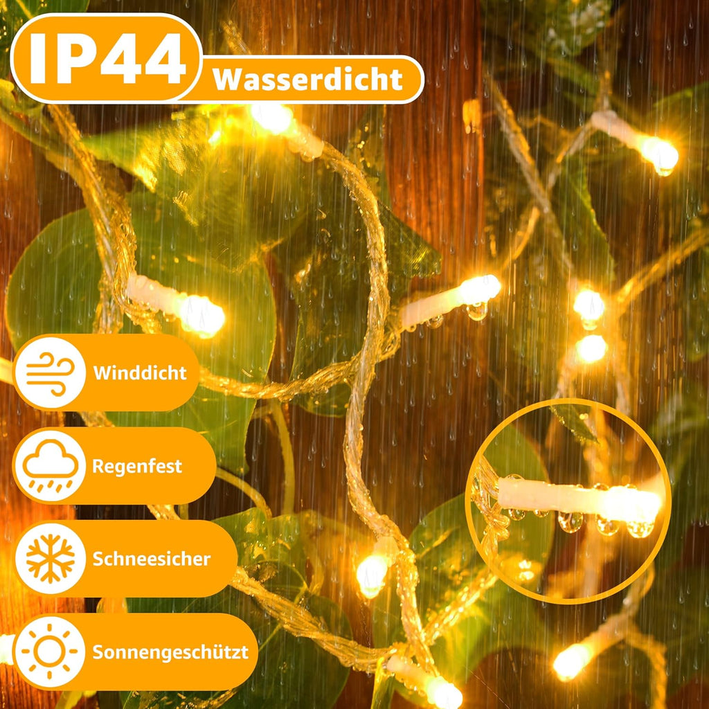 Ollny 200 LEDs 20m Lichterkette außen für Garten Balkon Hochzeit Party (Warmweiß, 8 Modi, IP44 wasserdicht)