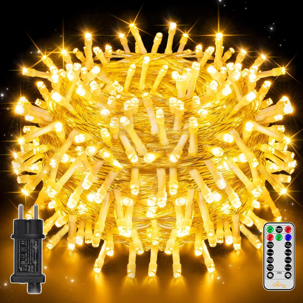 Ollny 200 LEDs 20m Lichterkette außen für Garten Balkon Hochzeit Party (Warmweiß, 8 Modi, IP44 wasserdicht)