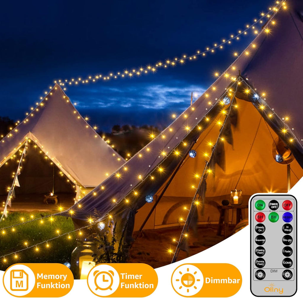 Ollny 200 LEDs 20m Lichterkette außen für Garten Balkon Hochzeit Party (Warmweiß, 8 Modi, IP44 wasserdicht)