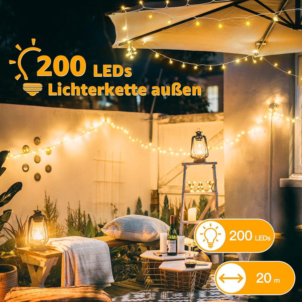 Ollny 200 LEDs 20m Lichterkette außen für Garten Balkon Hochzeit Party (Warmweiß, 8 Modi, IP44 wasserdicht)