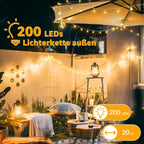 Ollny 200 LEDs 20m Lichterkette außen für Garten Balkon Hochzeit Party (Warmweiß, 8 Modi, IP44 wasserdicht)