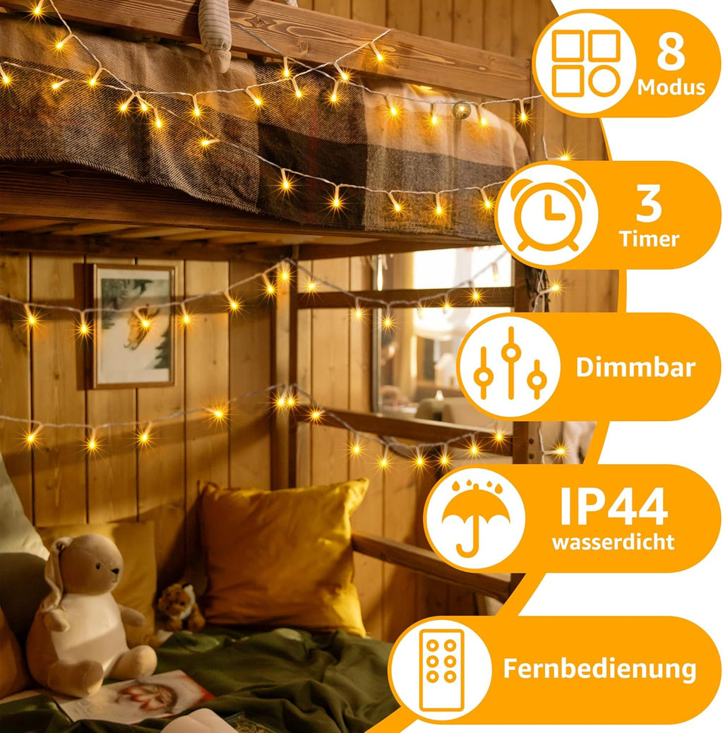 Ollny 200 LEDs 20m Lichterkette außen für Garten Balkon Hochzeit Party (Warmweiß, 8 Modi, IP44 wasserdicht)