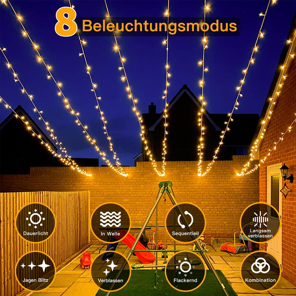 Ollny 600 LEDs 60m Lichterkette außen für Garten Balkon Hochzeit Party (Warmweiß, 8 Modi, IP44 wasserdicht)