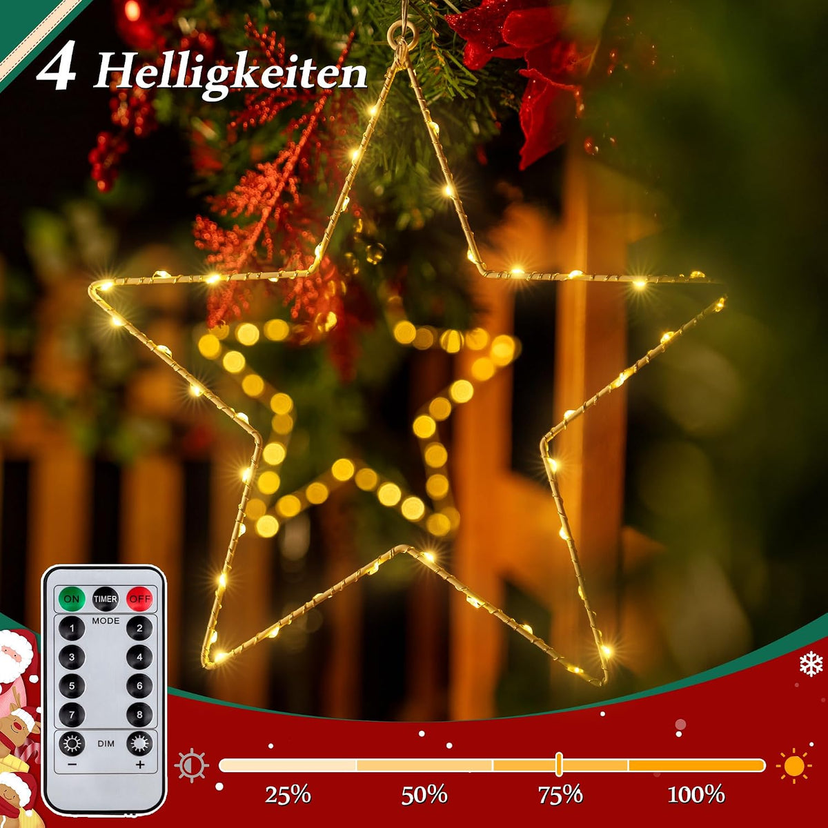 Ollny 80 LEDs Fensterdeko Stern Weihnachtsbeleuchtung (Timer, 8 Modi, IP44 Wasserdichte)