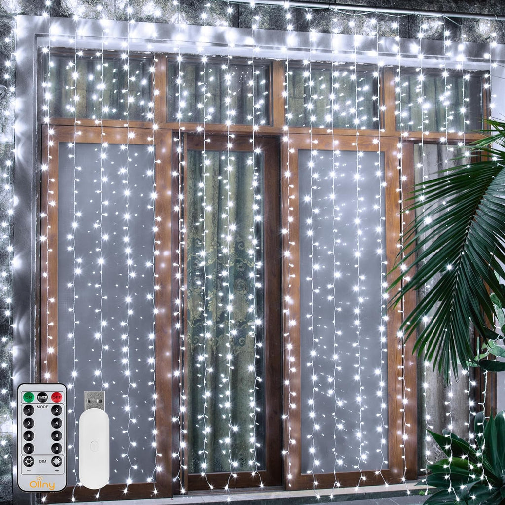 Ollny 300 LEDs 3m*3m USB und Fernbedienung Weihnachtslichterkette (Kaltweiß, 8 Modi, IP44 wasserdicht)