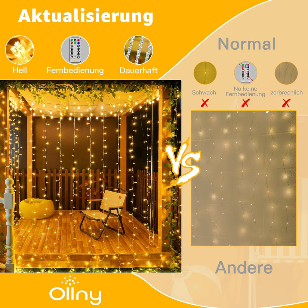Ollny 300 LEDs 3m*3m USB und Fernbedienung Weihnachtslichterkette (Warmweiß, 8 Modi, IP44 wasserdicht)