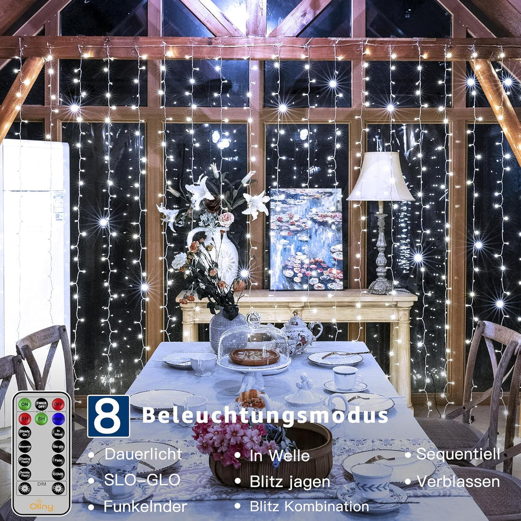 Ollny 300 LEDs 3m*3m USB und Fernbedienung Weihnachtslichterkette (Kaltweiß, 8 Modi, IP44 wasserdicht)