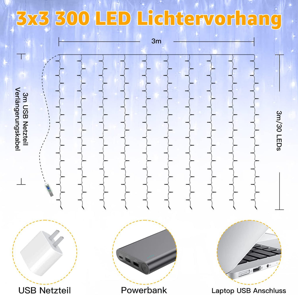 Ollny 300 LEDs 3m*3m USB und Fernbedienung Weihnachtslichterkette (Kaltweiß, 8 Modi, IP44 wasserdicht)