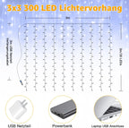 Ollny 300 LEDs 3m*3m USB und Fernbedienung Weihnachtslichterkette (Kaltweiß, 8 Modi, IP44 wasserdicht)